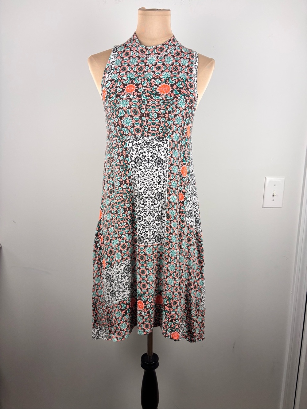 Anthropologie Small Maeve Lilt Mock Neck Swing Shift Dress Geometric Print Midi